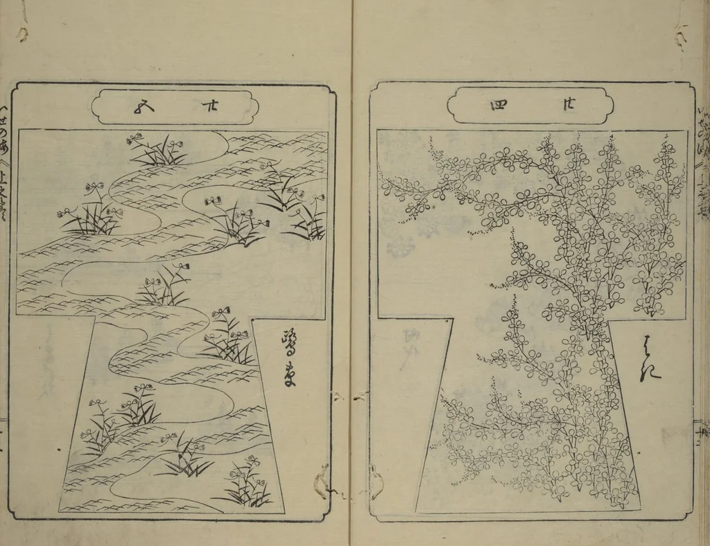 An illustration from Book of Kosode Patterns (Hiinagata Ise no umi), 1751, leaf 15