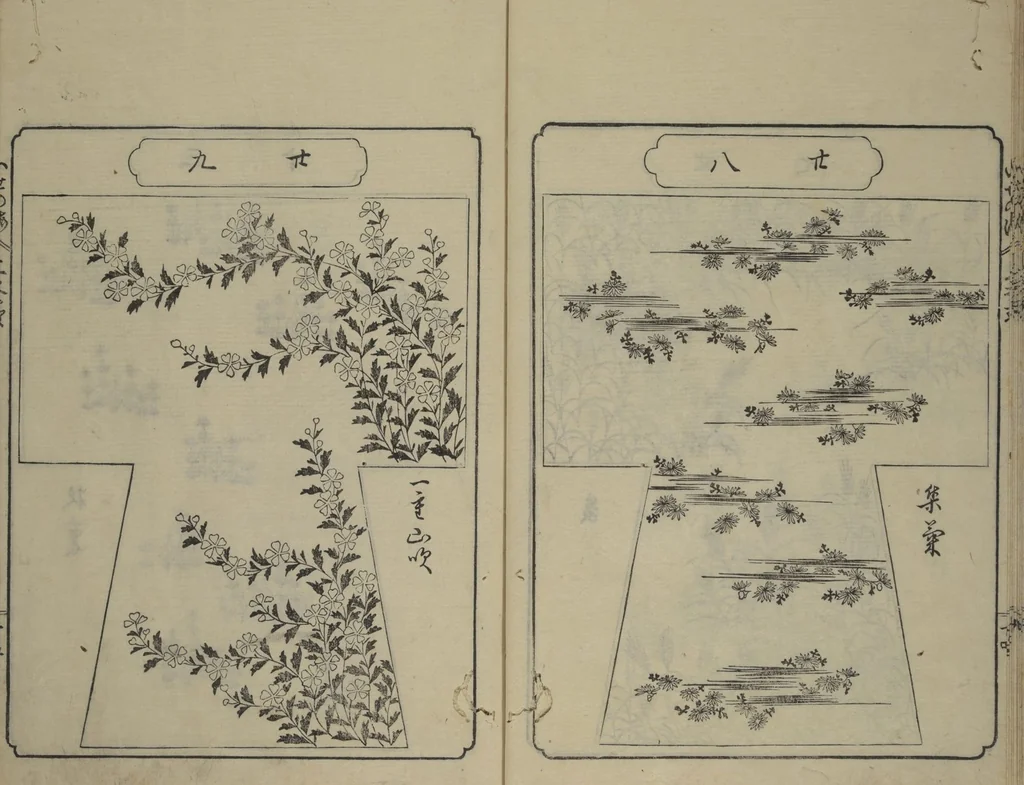 An illustration from Book of Kosode Patterns (Hiinagata Ise no umi), 1751, leaf 17