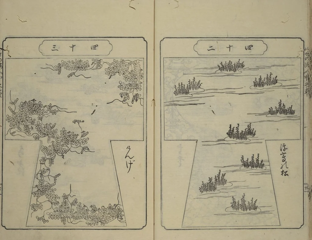 An illustration from Book of Kosode Patterns (Hiinagata Ise no umi), 1751, leaf 24
