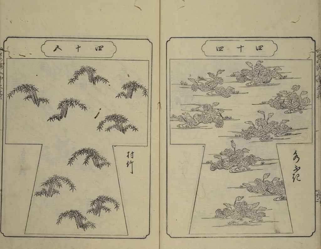 An illustration from Book of Kosode Patterns (Hiinagata Ise no umi), 1751, leaf 25
