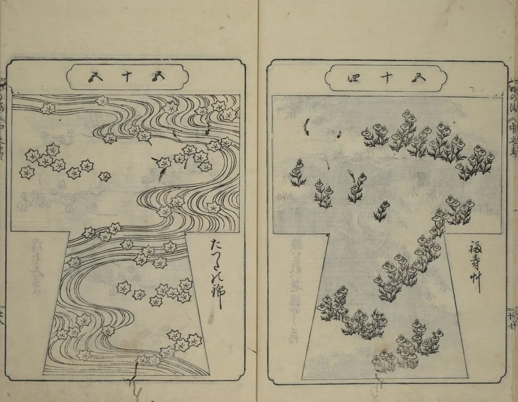 An illustration from Book of Kosode Patterns (Hiinagata Ise no umi), 1751, leaf 30