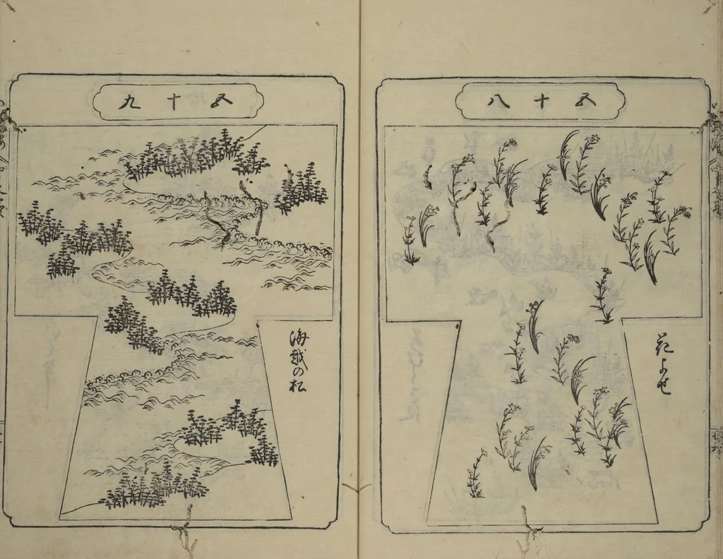 An illustration from Book of Kosode Patterns (Hiinagata Ise no umi), 1751, leaf 32