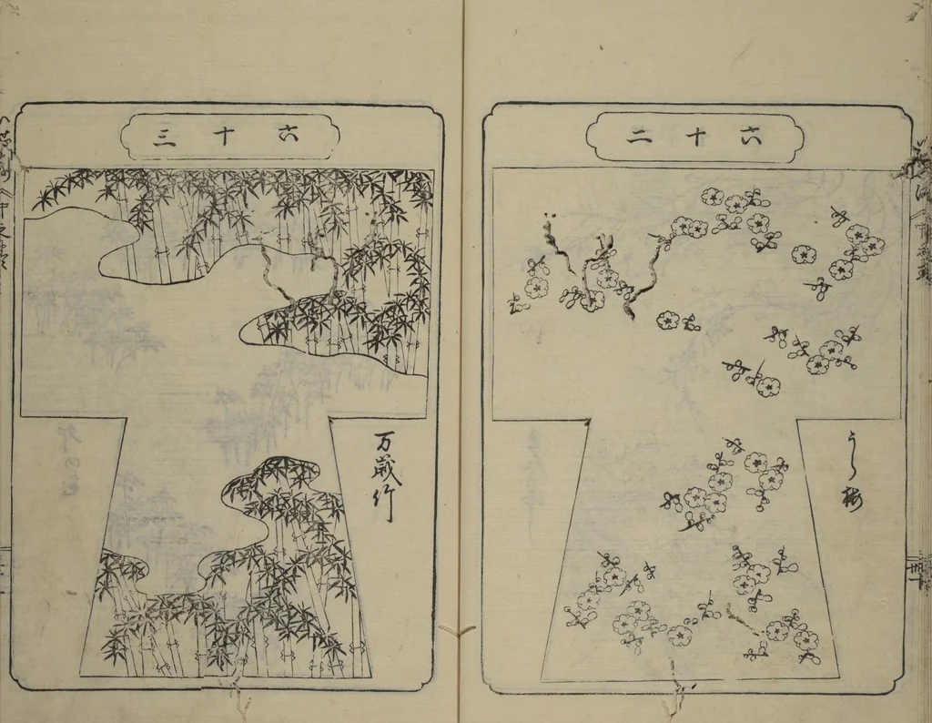 An illustration from Book of Kosode Patterns (Hiinagata Ise no umi), 1751, leaf 34