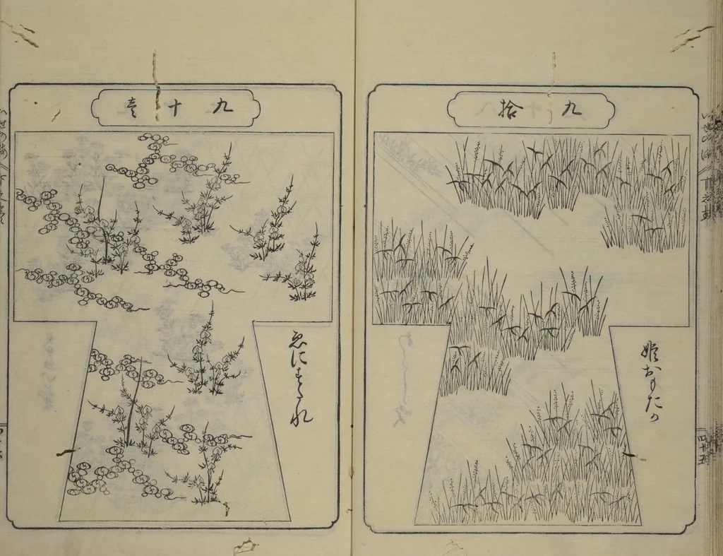 An illustration from Book of Kosode Patterns (Hiinagata Ise no umi), 1751, leaf 48