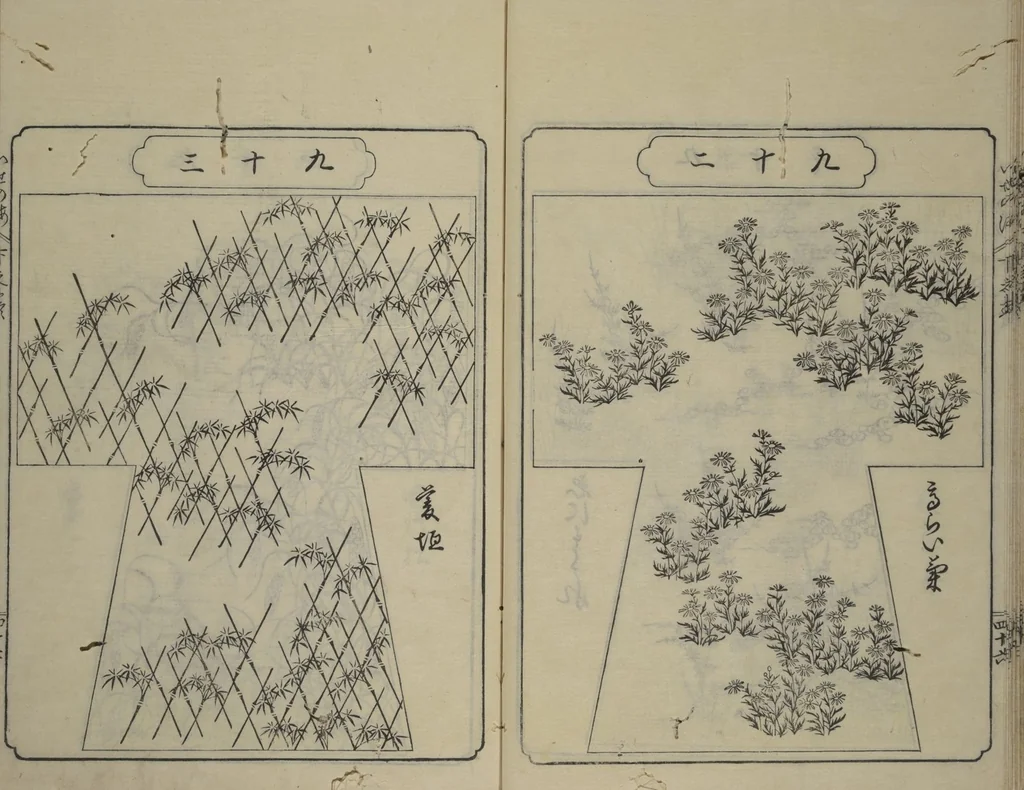 An illustration from Book of Kosode Patterns (Hiinagata Ise no umi), 1751, leaf 49
