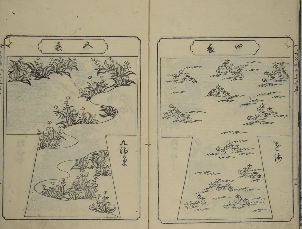 An illustration from Book of Kosode Patterns (Hiinagata Ise no umi), 1751, leaf 5