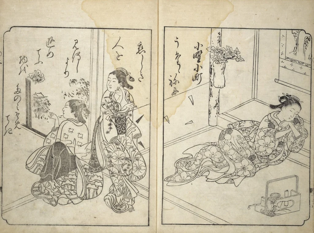 An illustration from A Fashionable Representation of the Immortals of Poetry: Picture Book of Waka-no-ura (Fūryū kasen ehon waka no ura) : [volume 1], 1734, leaf 15