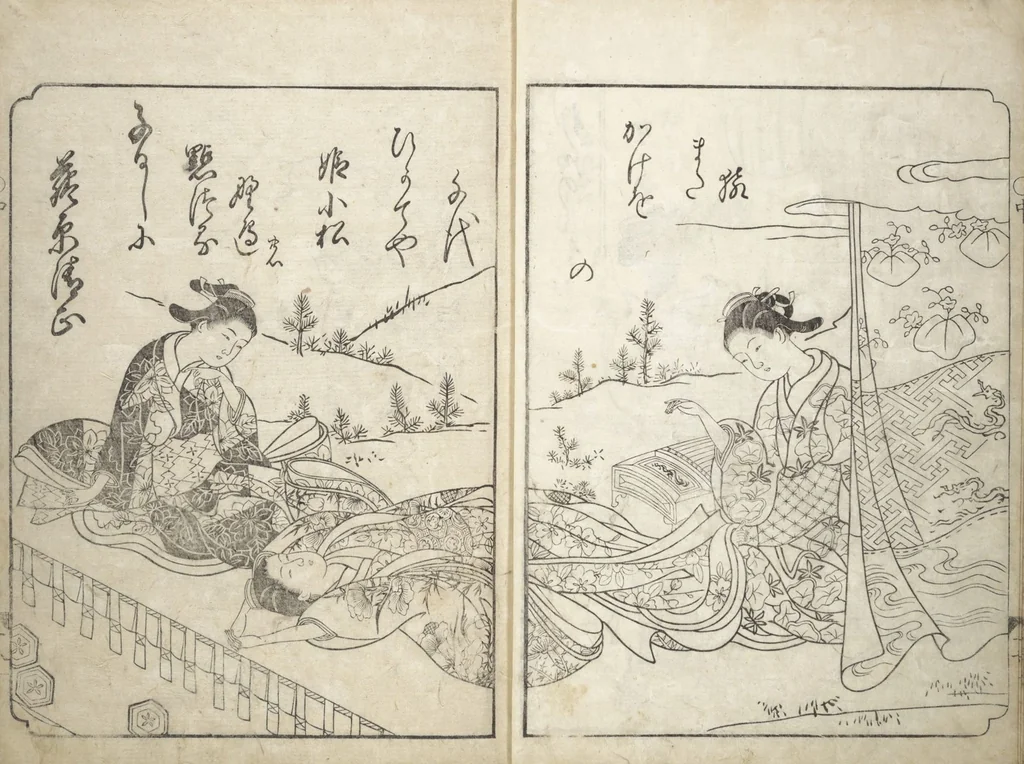 An illustration from A Fashionable Representation of the Immortals of Poetry: Picture Book of Waka-no-ura (Fūryū kasen ehon waka no ura) : [volume 2], 1734, leaf 14