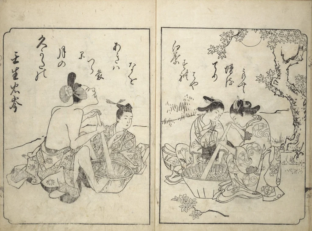 An illustration from A Fashionable Representation of the Immortals of Poetry: Picture Book of Waka-no-ura (Fūryū kasen ehon waka no ura) : [volume 2], 1734, leaf 7