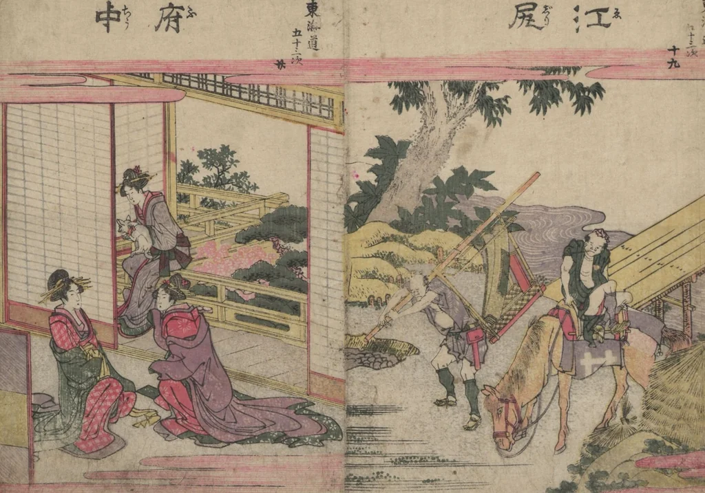 An illustration from Fifty-three Stations on the Tōkaidō Road (Tōkaidō gojūsantsugi ehon ekiro no suzu 東海道五十三次絵本駅路鈴) : [volume 1], 1840, leaf 13
