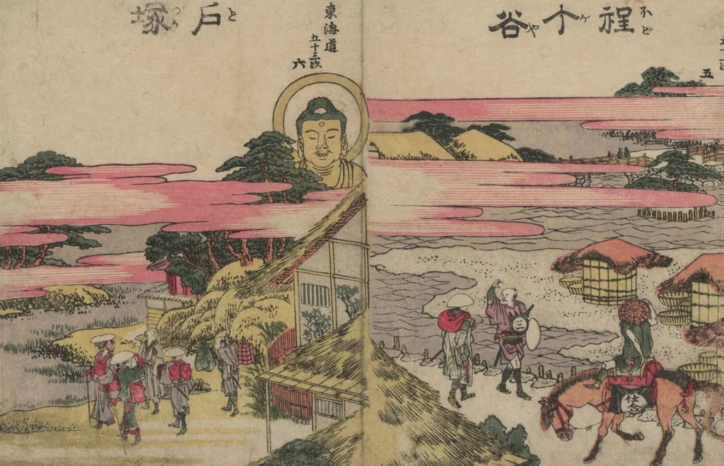 An illustration from Fifty-three Stations on the Tōkaidō Road (Tōkaidō gojūsantsugi ehon ekiro no suzu 東海道五十三次絵本駅路鈴) : [volume 1], 1840, leaf 6