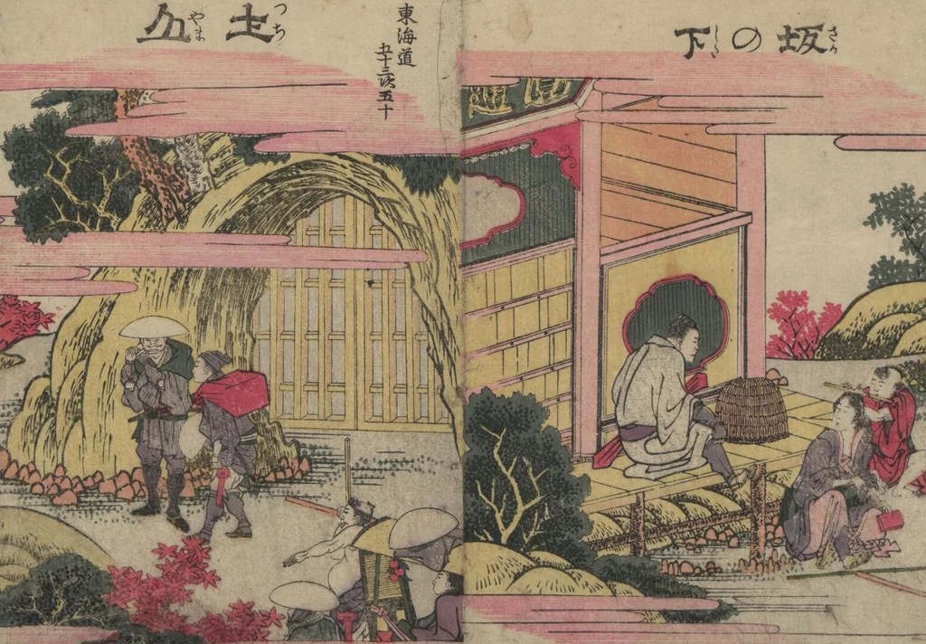 An illustration from Fifty-three Stations on the Tōkaidō Road (Tōkaidō gojūsantsugi ehon ekiro no suzu 東海道五十三次絵本駅路鈴) : [volume 2], 1840, leaf 12