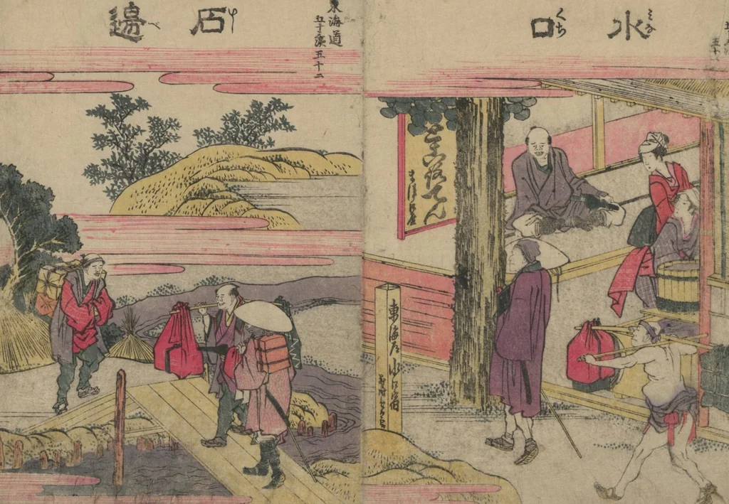 An illustration from Fifty-three Stations on the Tōkaidō Road (Tōkaidō gojūsantsugi ehon ekiro no suzu 東海道五十三次絵本駅路鈴) : [volume 2], 1840, leaf 13