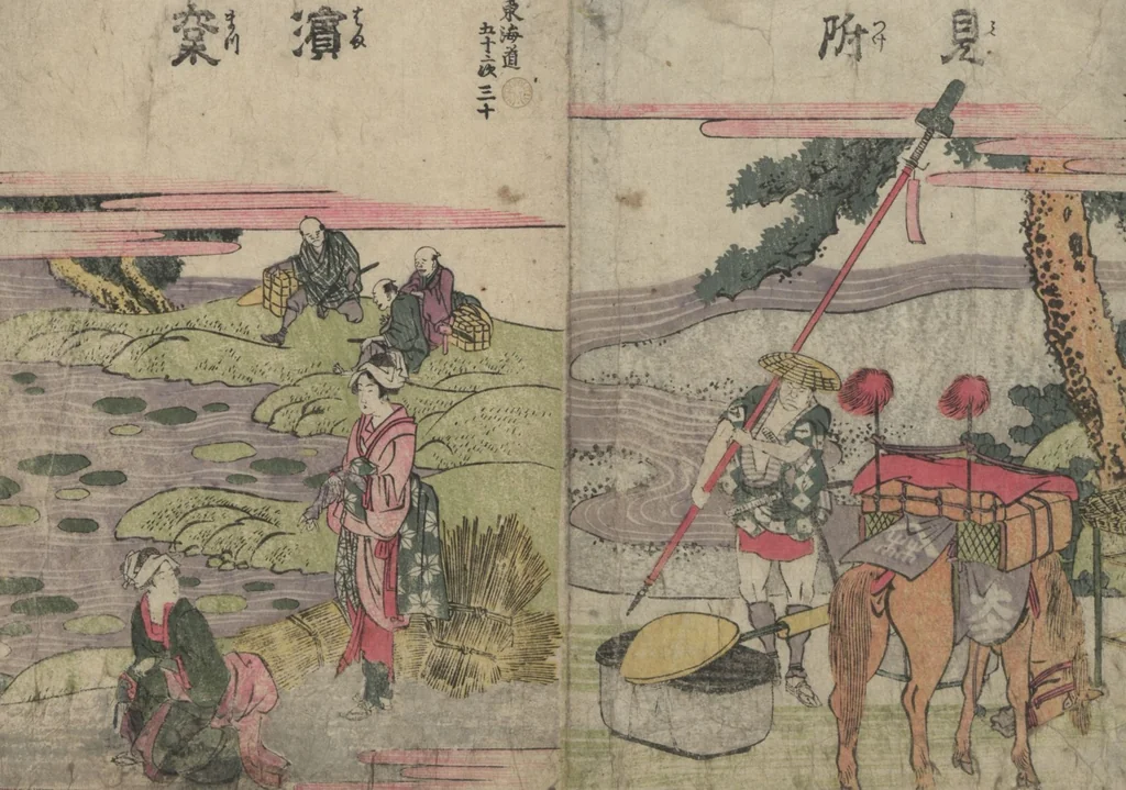 An illustration from Fifty-three Stations on the Tōkaidō Road (Tōkaidō gojūsantsugi ehon ekiro no suzu 東海道五十三次絵本駅路鈴) : [volume 2], 1840, leaf 2