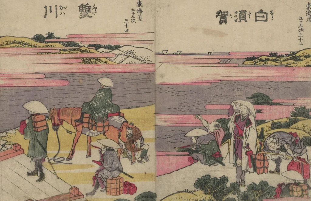 An illustration from Fifty-three Stations on the Tōkaidō Road (Tōkaidō gojūsantsugi ehon ekiro no suzu 東海道五十三次絵本駅路鈴) : [volume 2], 1840, leaf 4