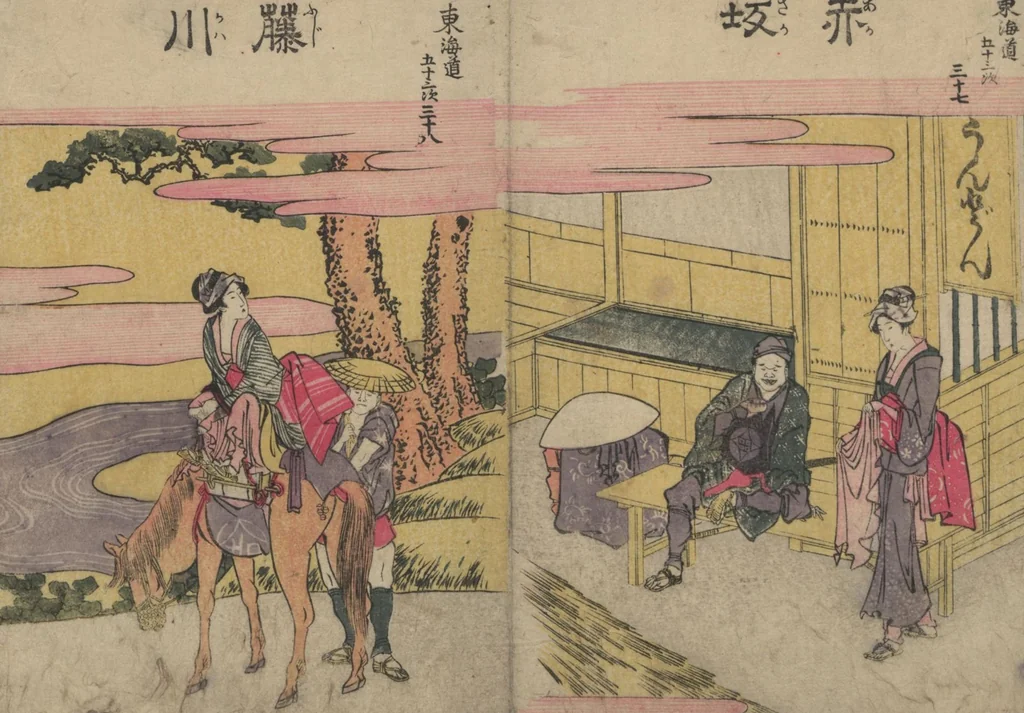 An illustration from Fifty-three Stations on the Tōkaidō Road (Tōkaidō gojūsantsugi ehon ekiro no suzu 東海道五十三次絵本駅路鈴) : [volume 2], 1840, leaf 6