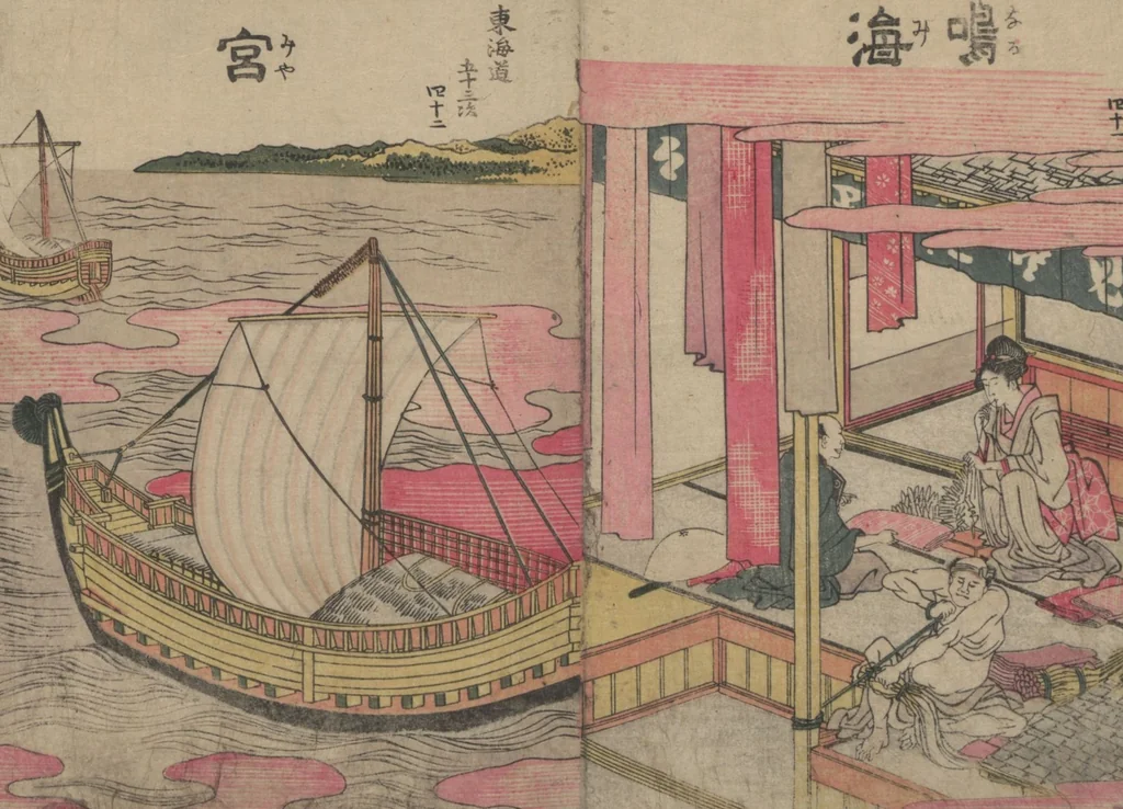 An illustration from Fifty-three Stations on the Tōkaidō Road (Tōkaidō gojūsantsugi ehon ekiro no suzu 東海道五十三次絵本駅路鈴) : [volume 2], 1840, leaf 8