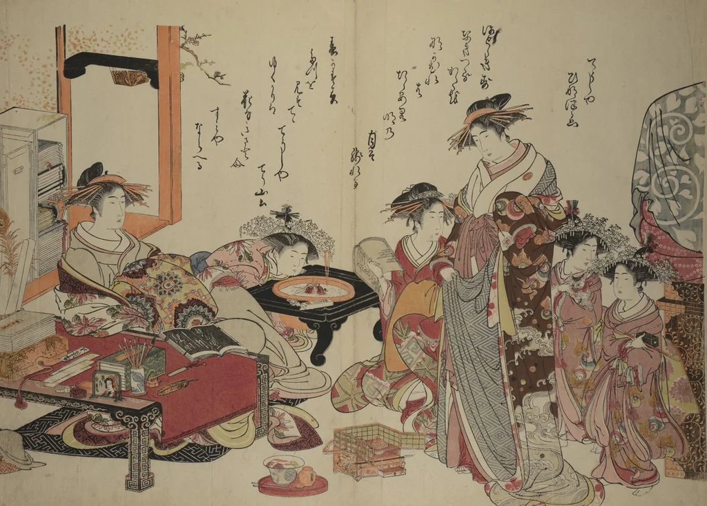 An illustration from A New Record Comparing the Handwriting of the Courtesans of the Yoshiwara (Yoshiwara keisei shin bijin jihitsu kagami), 1784, leaf 6
