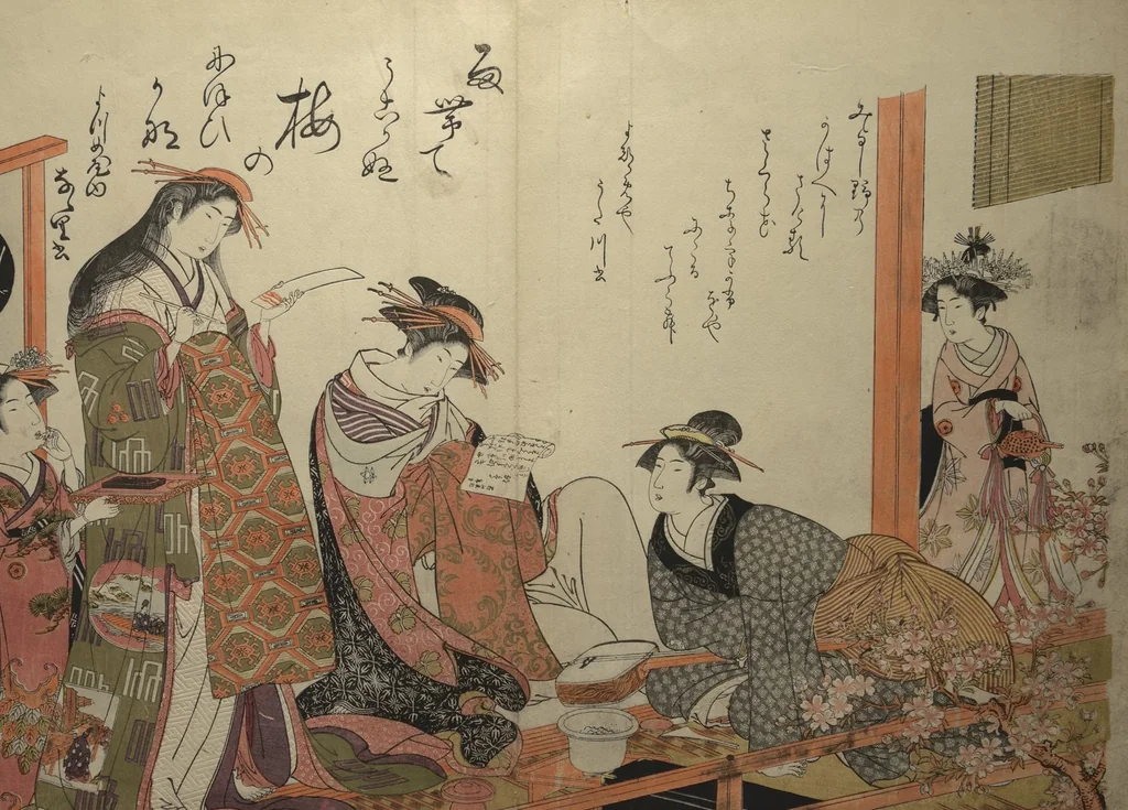 An illustration from A New Record Comparing the Handwriting of the Courtesans of the Yoshiwara (Yoshiwara keisei shin bijin jihitsu kagami), 1784, leaf 8