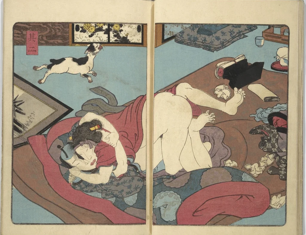 An illustration from A Bedside Guide to the Colors of Love in Spring (Shunshoku neya no shiori) : [volume 3], 1850, leaf 12