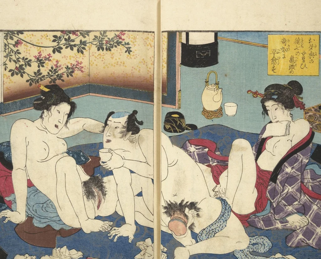 An illustration from A Bedside Guide to the Colors of Love in Spring (Shunshoku neya no shiori) : [volume 3], 1850, leaf 16