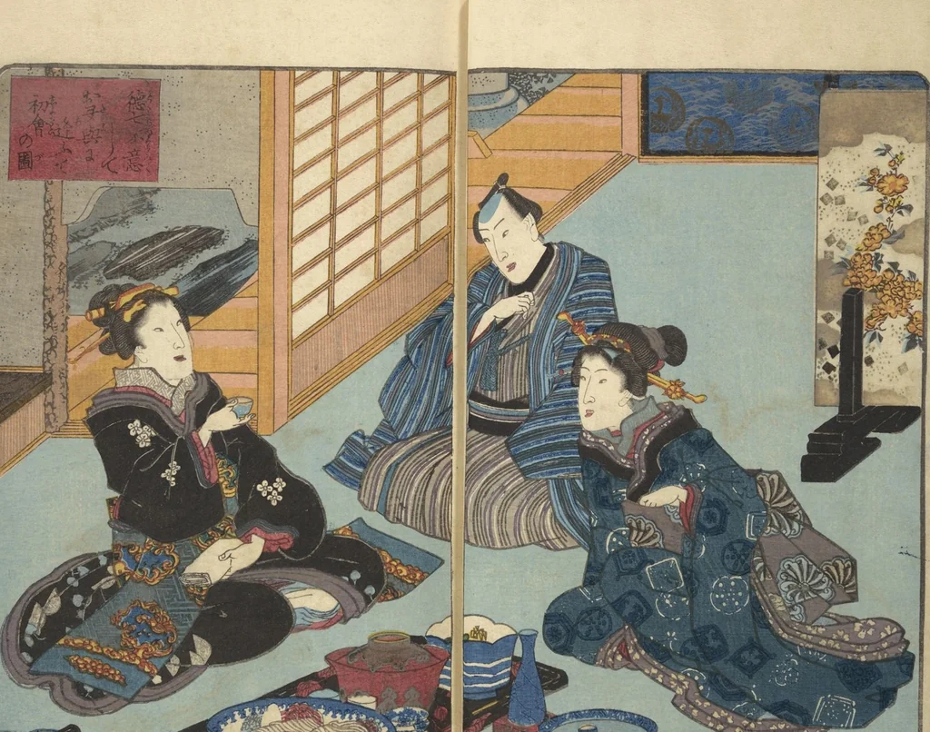 An illustration from A Bedside Guide to the Colors of Love in Spring (Shunshoku neya no shiori) : [volume 3], 1850, leaf 3