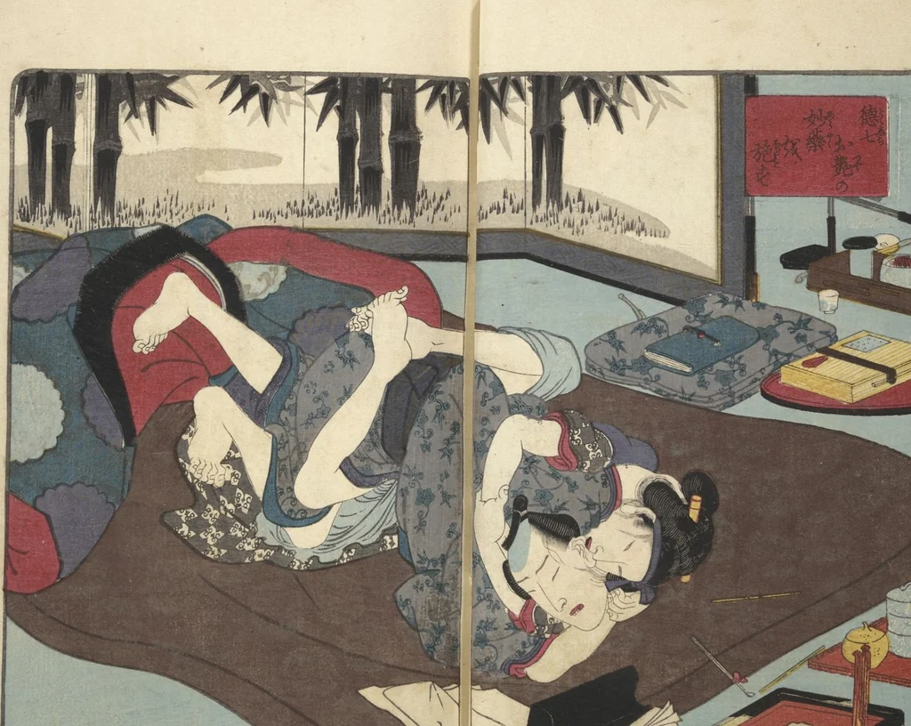An illustration from A Bedside Guide to the Colors of Love in Spring (Shunshoku neya no shiori) : [volume 3], 1850, leaf 7