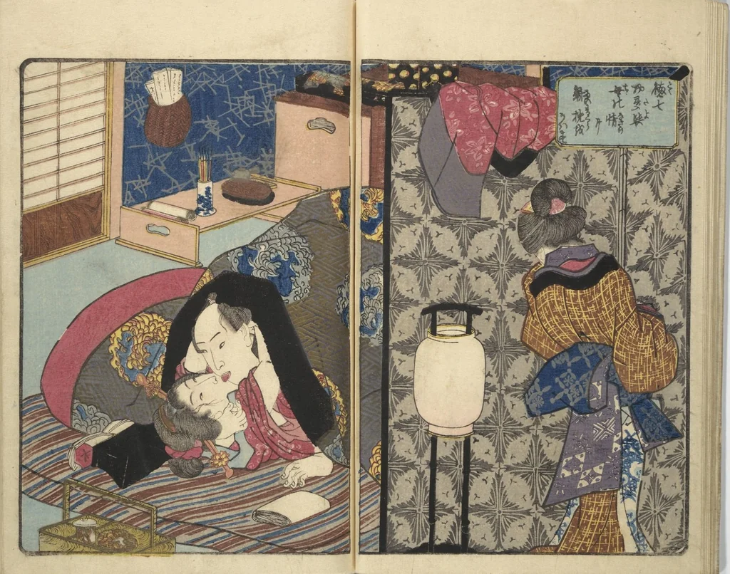 An illustration from A Bedside Guide to the Colors of Love in Spring (Shunshoku neya no shiori) : [volume 2], 1850, leaf 11