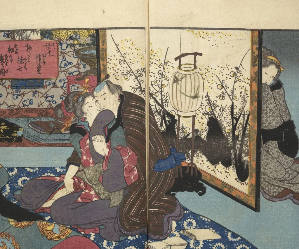 An illustration from A Bedside Guide to the Colors of Love in Spring (Shunshoku neya no shiori) : [volume 2], 1850, leaf 3