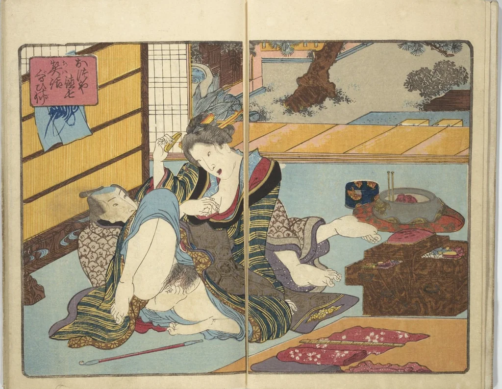An illustration from A Bedside Guide to the Colors of Love in Spring (Shunshoku neya no shiori) : [volume 2], 1850, leaf 4