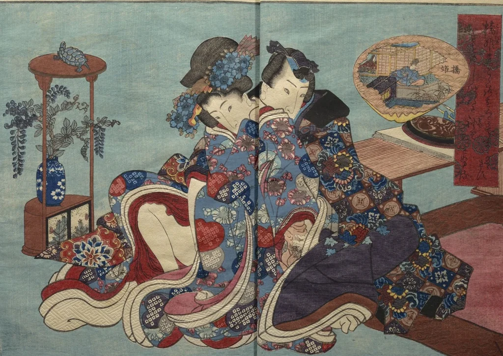 An illustration from Weighing the Goods of Love (Enshoku shinasadame) : [volume 3], 1830, leaf 5