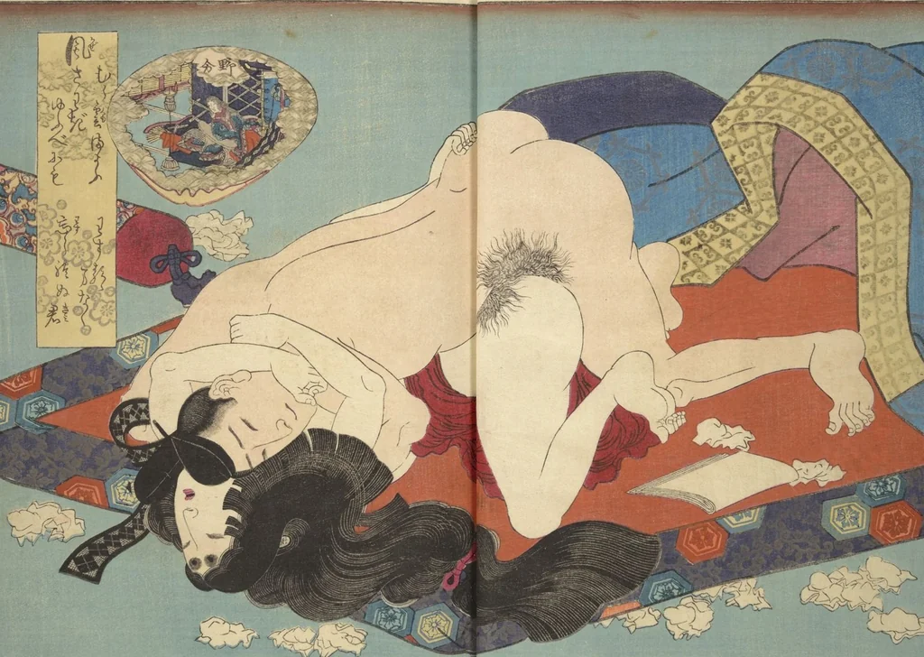 An illustration from Weighing the Goods of Love (Enshoku shinasadame) : [volume 3], 1830, leaf 6