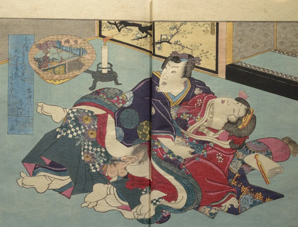 An illustration from Weighing the Goods of Love (Enshoku shinasadame) : [volume 3], 1830, leaf 7