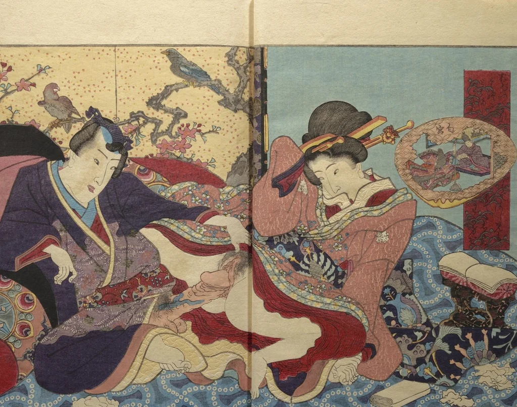 An illustration from Weighing the Goods of Love (Enshoku shinasadame) : [volume 3], 1830, leaf 8