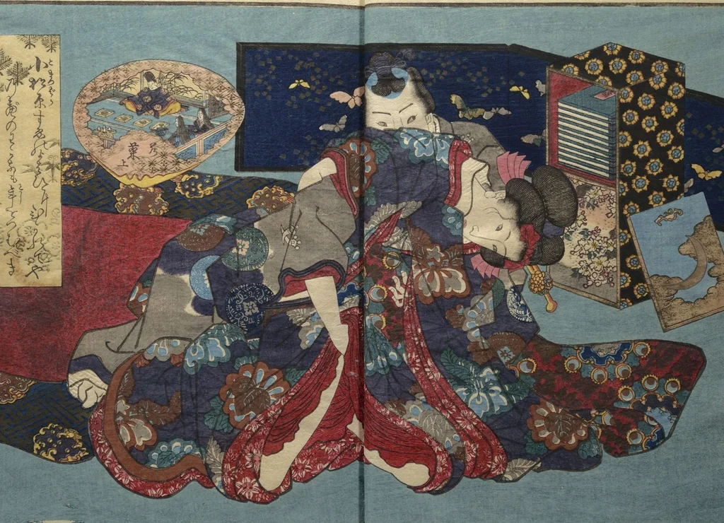 An illustration from Weighing the Goods of Love (Enshoku shinasadame) : [volume 1], 1830, leaf 6