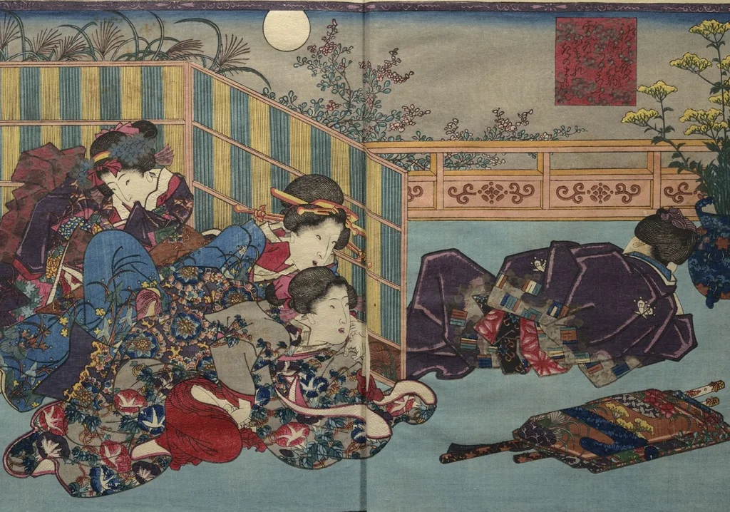 An illustration from Weighing the Goods of Love (Enshoku shinasadame) : [volume 2], 1830, leaf 4