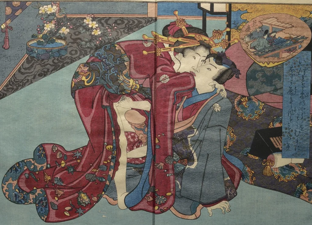 An illustration from Weighing the Goods of Love (Enshoku shinasadame) : [volume 2], 1830, leaf 5