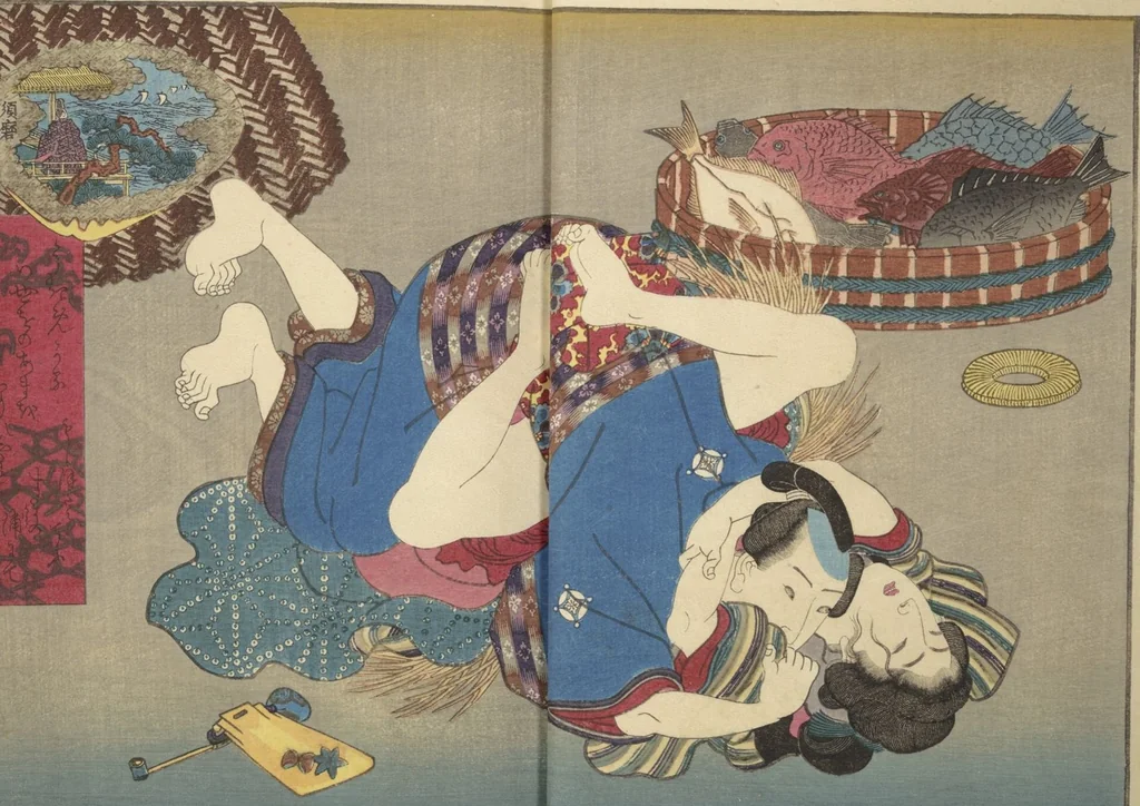 An illustration from Weighing the Goods of Love (Enshoku shinasadame) : [volume 2], 1830, leaf 7