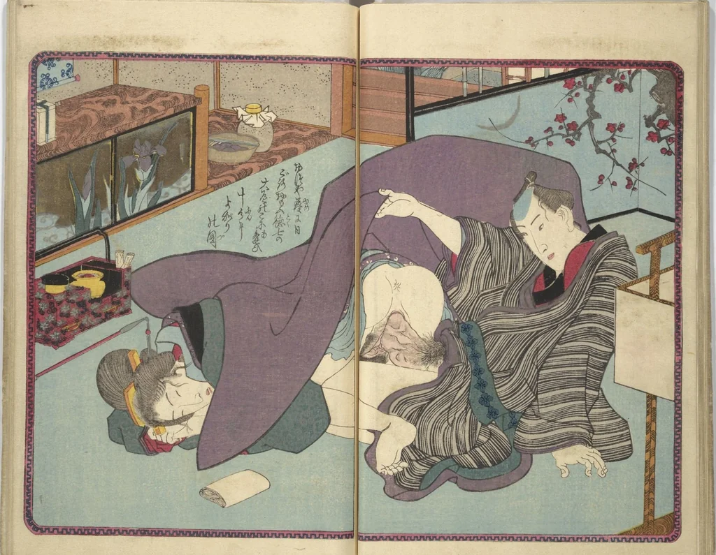 An illustration from A Bedside Guide to the Colors of Love in Spring (Shunshoku neya no shiori) : [volume 1], 1850, leaf 12