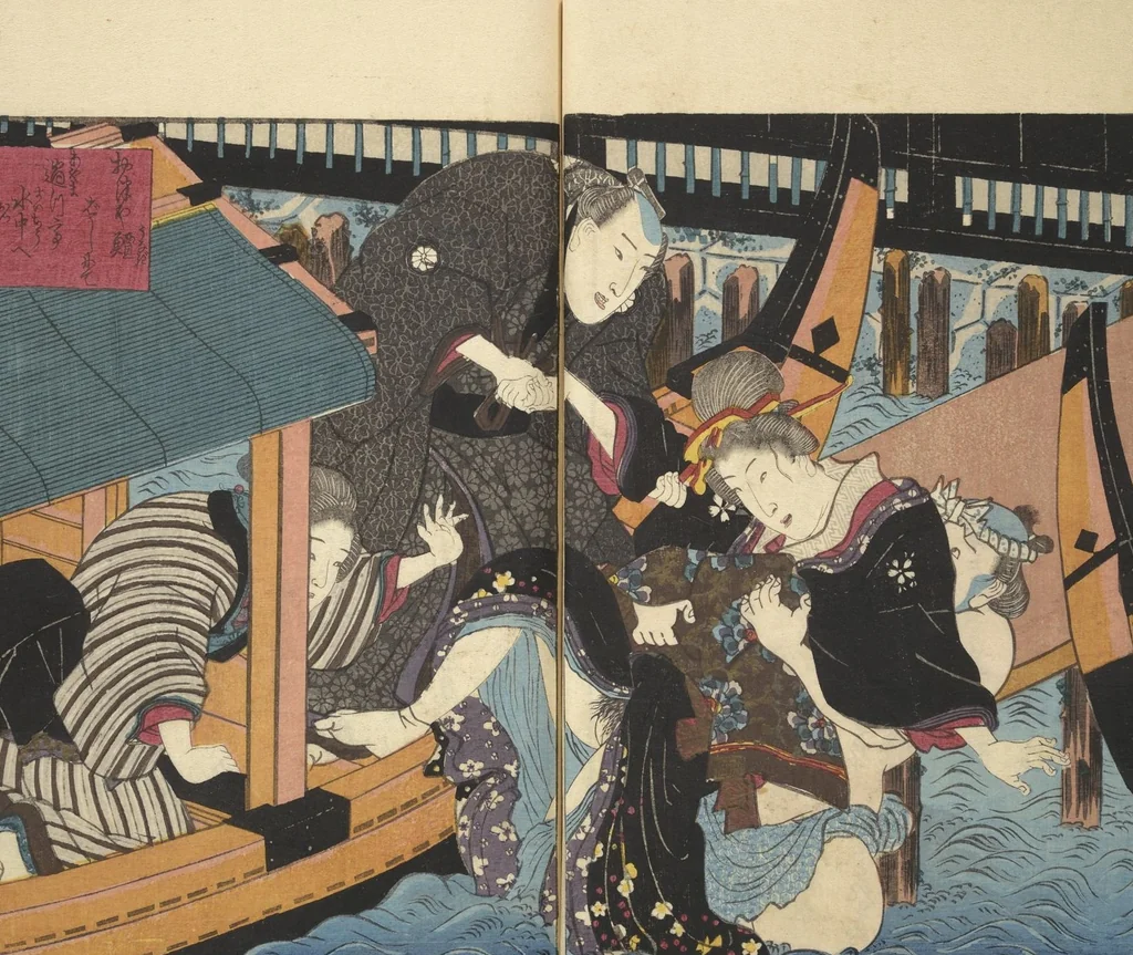 An illustration from A Bedside Guide to the Colors of Love in Spring (Shunshoku neya no shiori) : [volume 1], 1850, leaf 15