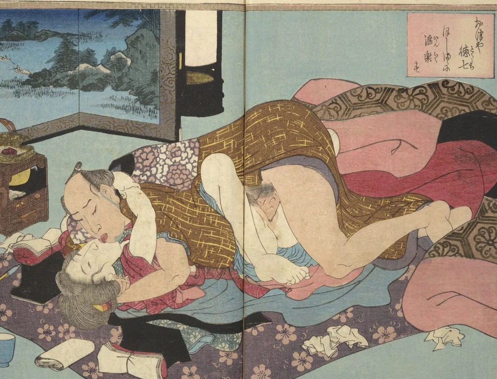 An illustration from A Bedside Guide to the Colors of Love in Spring (Shunshoku neya no shiori) : [volume 1], 1850, leaf 8
