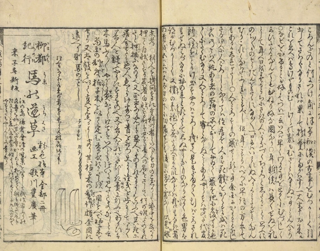An illustration from Shibai kinmō zui : Volume 2 / Shikitei Sanba cho ; Katsukawa Shun'ei, Utagawa Toyokuni ga, 1806, leaf 47