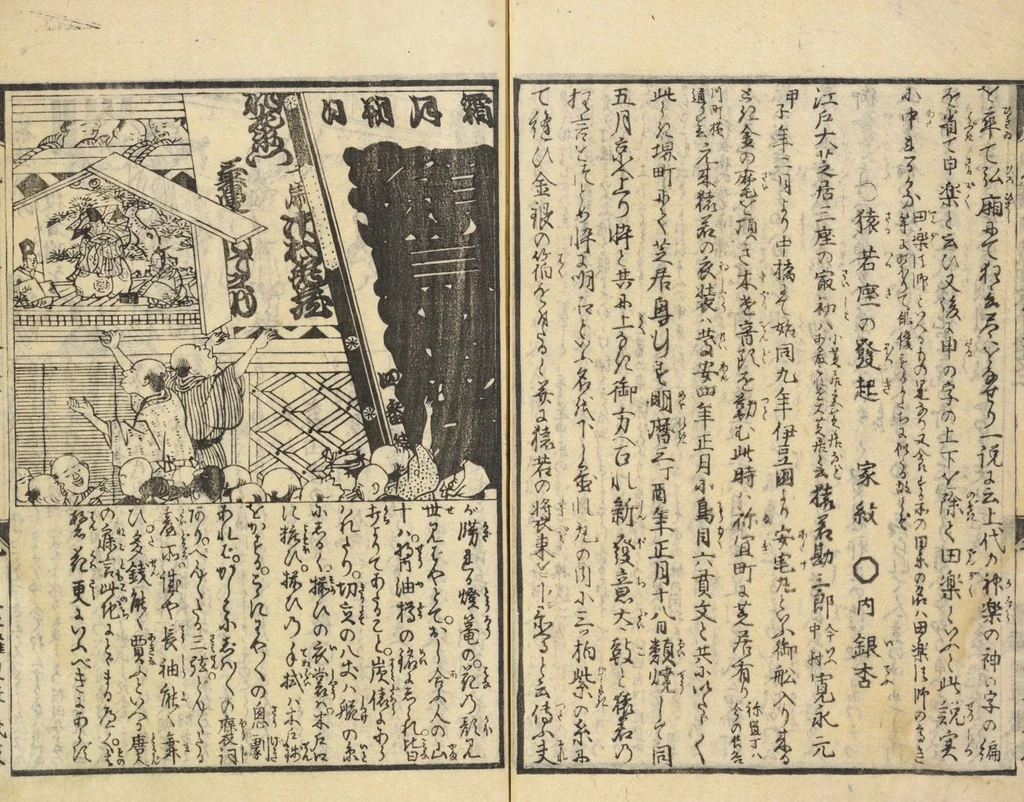 An illustration from Shibai kinmō zui : Volume 1 / Shikitei Sanba cho ; Katsukawa Shun'ei, Utagawa Toyokuni ga, 1806, leaf 21