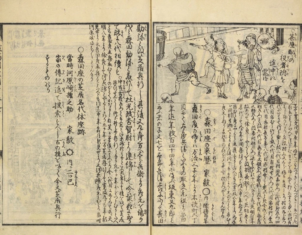 An illustration from Shibai kinmō zui : Volume 1 / Shikitei Sanba cho ; Katsukawa Shun'ei, Utagawa Toyokuni ga, 1806, leaf 22