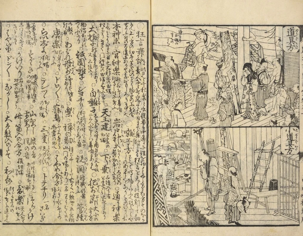 An illustration from Shibai kinmō zui : Volume 1 / Shikitei Sanba cho ; Katsukawa Shun'ei, Utagawa Toyokuni ga, 1806, leaf 33