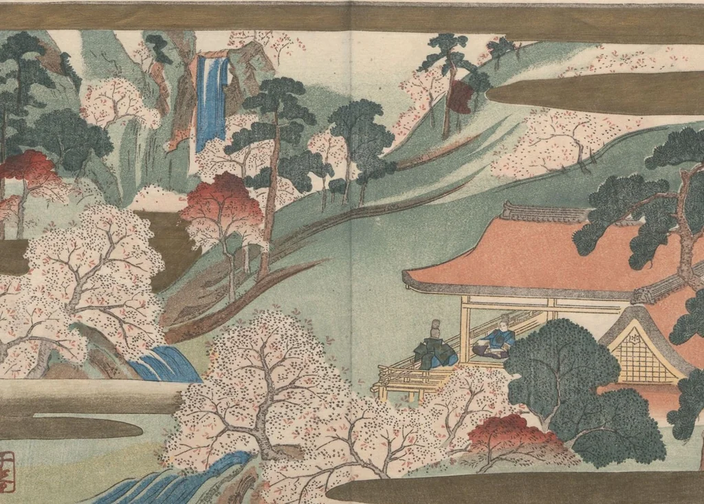 An illustration from Book of Humorous Poems on the Cherry Flower and the Maple Leaves (Ehō no taki), 1833, leaf 8