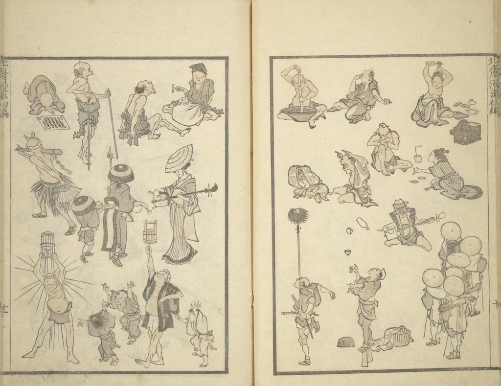 An illustration from Transmitting the Spirit, Revealing the Form of Things, Volume 1 to 15 of Hokusai Sketchbooks (Denshin kaishu: Hokusai manga, shohen - jugohen), 1848, leaf 14