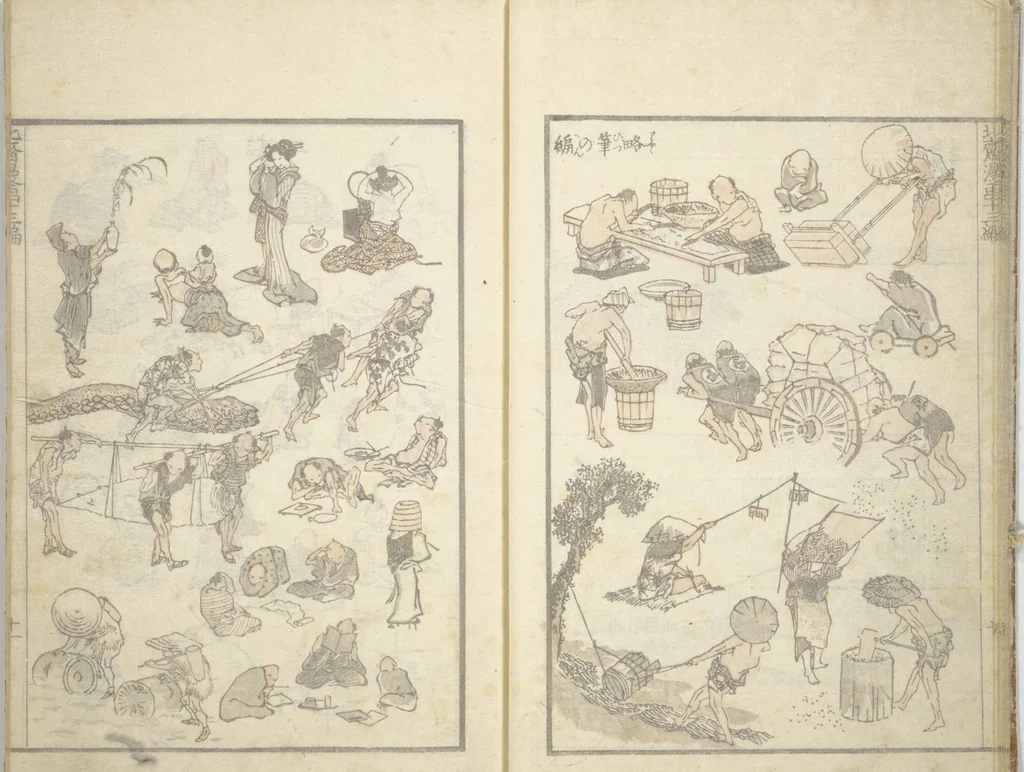An illustration from Transmitting the Spirit, Revealing the Form of Things, Volume 1 to 15 of Hokusai Sketchbooks (Denshin kaishu: Hokusai manga, shohen - jugohen), 1848, leaf 12