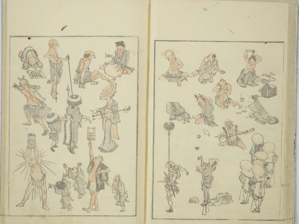 An illustration from Transmitting the Spirit, Revealing the Form of Things, Volume 1 to 15 of Hokusai Sketchbooks (Denshin kaishu: Hokusai manga, shohen - jugohen), 1848, leaf 13