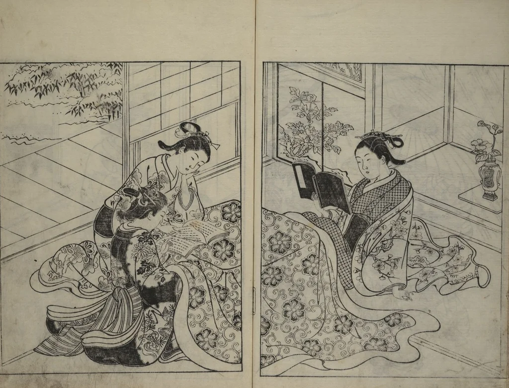 An illustration from Picture Book of the Evergreens (Ehon tokiwagusa), 1731, leaf 17